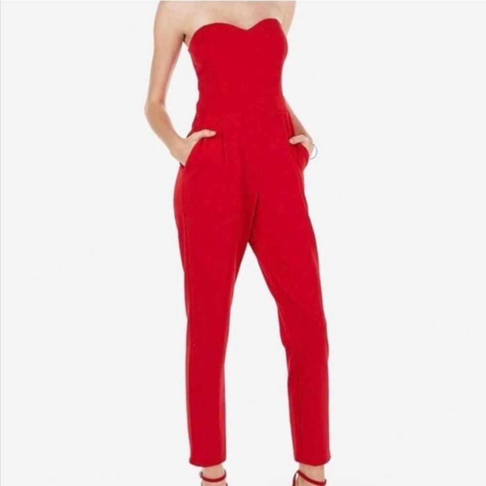 Express Jumpsuit Women 6 Red Strapless Sweetheart Neckline Pockets Stretch